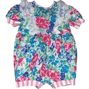 vintage floral baby girl bubble romper with lace ruffles size 2T